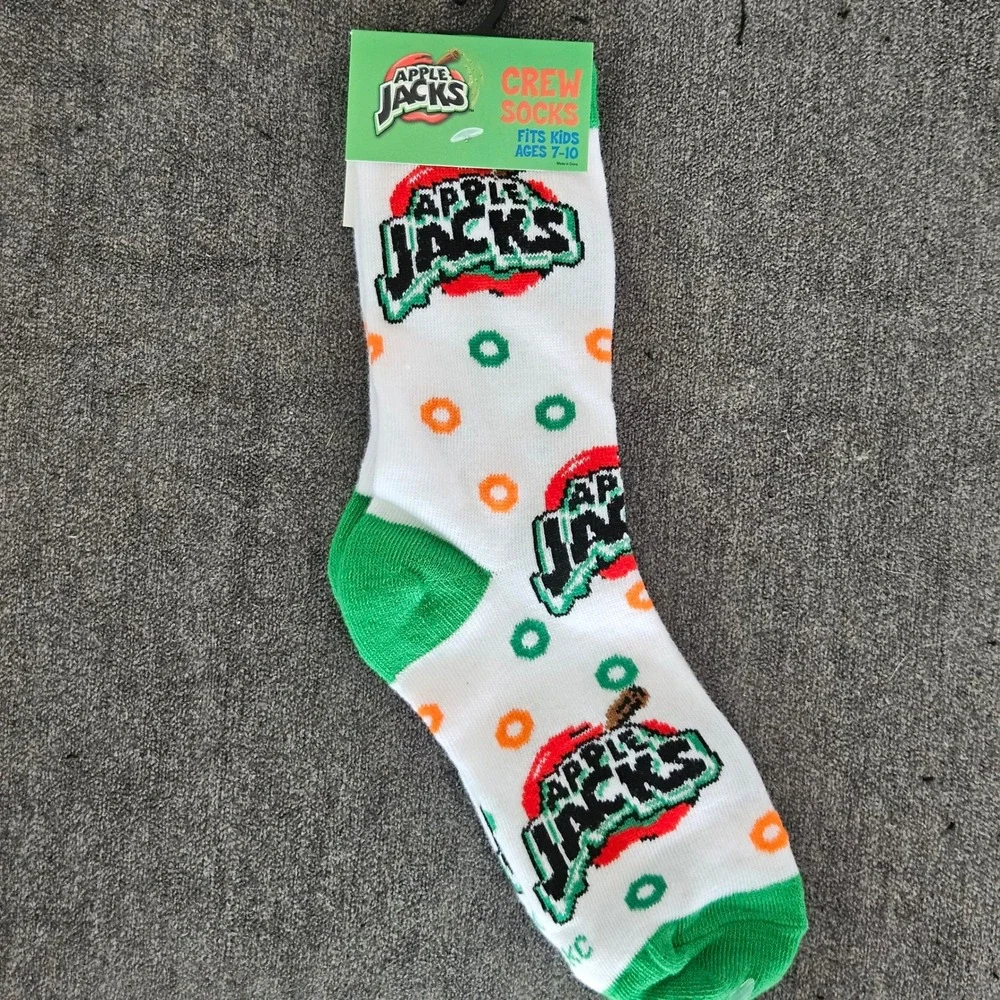 Kellogg's Apple Jacks Kids Crew Socks Ages‎ 7-10 White Green NEW
